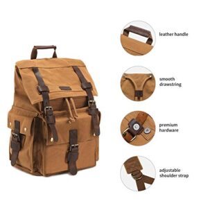 Kattee Men's Leather Canvas Backpack Large Bag Travel Rucksack Khaki