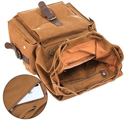 Kattee Men's Leather Canvas Backpack Large Bag Travel Rucksack Khaki