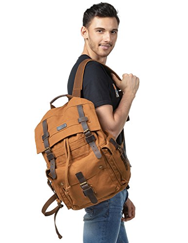 Kattee Men's Leather Canvas Backpack Large Bag Travel Rucksack Khaki