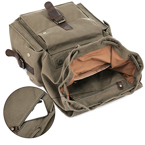 Kattee Men's Canvas Leather Hiking Travel Backpack Army Green