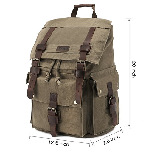 Kattee Men's Canvas Leather Hiking Travel Backpack Army Green