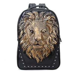 3d animal head backpack, studded pu leather cool laptop backpack college bookbag (lion-gold) one size