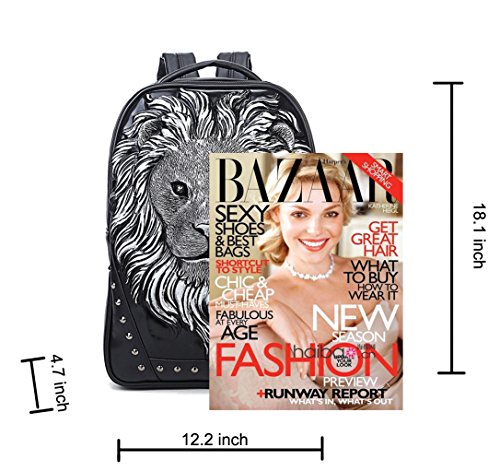 3D Animal Head Backpack, Studded PU Leather Cool Laptop Backpack College Bookbag (Lion-Gold) One Size