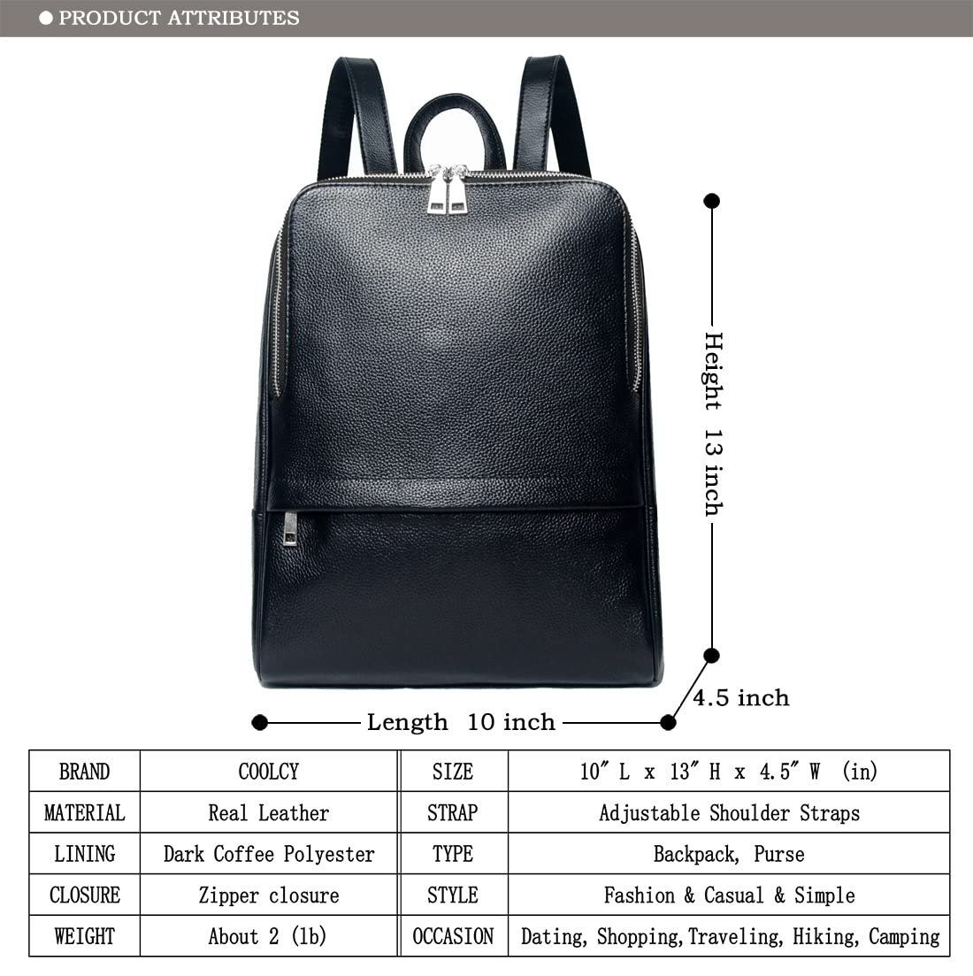 COOLCY Women Real Genuine Leather Backpack purse Fashion Bag (Black)