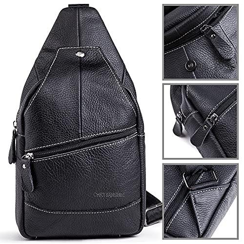 Chrysansmile Genuine Leather Shoulder Sling Backpack Bag Unisex Outdoor Crossbody Sling Pack Sport Daypack - Black One Size