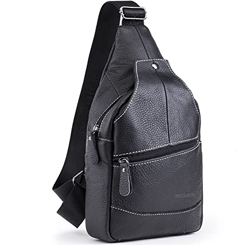 Chrysansmile Genuine Leather Shoulder Sling Backpack Bag Unisex Outdoor Crossbody Sling Pack Sport Daypack - Black One Size