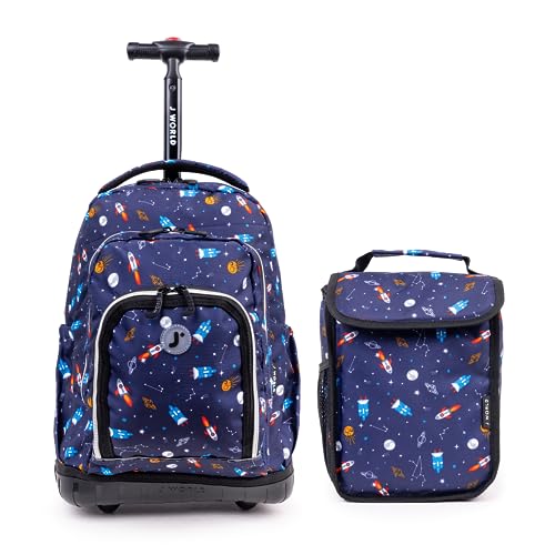 J World Lollipop Kids Rolling Backpack & Lunch Bag Set for Elementary School. Carry-On Suitcase with Wheels, Spaceship