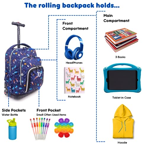 J World Lollipop Kids Rolling Backpack & Lunch Bag Set for Elementary School. Carry-On Suitcase with Wheels, Spaceship