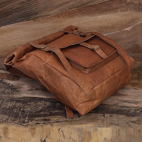 Gbag (T) Leather Vintage Roll On Laptop Backpack Rucksack Travel Bag Best Rucksack for Work Brown Leather Roll Top Backpack Laptop Bag for Men and Women