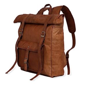 Gbag (T) Leather Vintage Roll On Laptop Backpack Rucksack Travel Bag Best Rucksack for Work Brown Leather Roll Top Backpack Laptop Bag for Men and Women