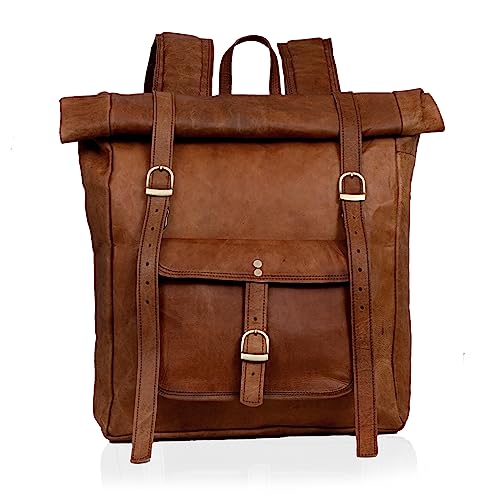 Gbag (T) Leather Vintage Roll On Laptop Backpack Rucksack Travel Bag Best Rucksack for Work Brown Leather Roll Top Backpack Laptop Bag for Men and Women
