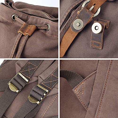 PKUVDSL Canvas Backpack, Series Vintage Leather Rucksack, 15.6’’ Laptop Backpack, Military Satchel Backpack for Men Women Traveling Hiking