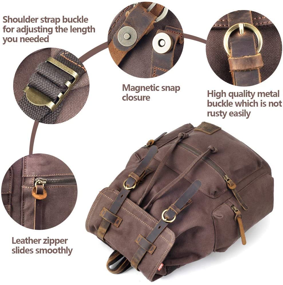 PKUVDSL Canvas Backpack, Series Vintage Leather Rucksack, 15.6’’ Laptop Backpack, Military Satchel Backpack for Men Women Traveling Hiking