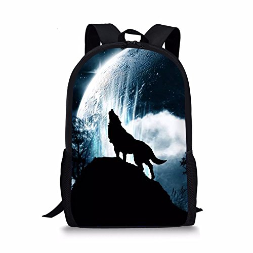 Showudesigns 17 inch Wolf School Bag for Teenager Boys Backpack for 6/7/8/9/10 Year Old Girls Elementary School Book Bag with Water Bottle Holder