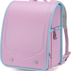 Ransel Randoseru Semi-Automatic Backpack Japanese School Bags for Kids Girls Senior PU Leather Large Capacity Light Weight Rain Cover（Pink）