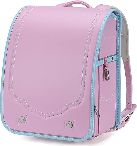 Ransel Randoseru Semi-Automatic Backpack Japanese School Bags for Kids Girls Senior PU Leather Large Capacity Light Weight Rain Cover（Pink）