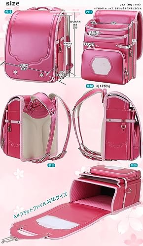 Ransel Randoseru Semi-Automatic Backpack Japanese School Bags for Kids Girls Senior PU Leather Large Capacity Light Weight Rain Cover（Pink）