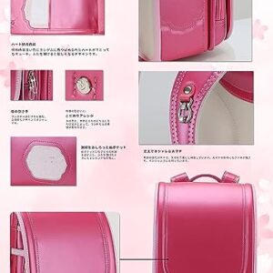 Ransel Randoseru Semi-Automatic Backpack Japanese School Bags for Kids Girls Senior PU Leather Large Capacity Light Weight Rain Cover（Pink）