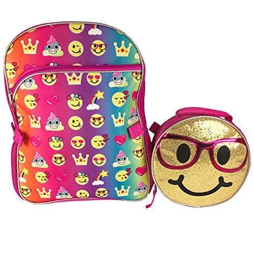 Emoji 16" Inch Backpack & Lunch Bag Set - Emojicon Style With Gold Sequin Removable Lunchbag