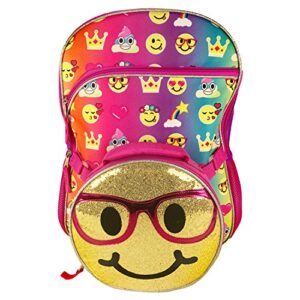 Emoji 16" Inch Backpack & Lunch Bag Set - Emojicon Style With Gold Sequin Removable Lunchbag