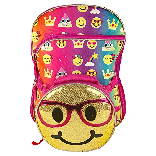 Emoji 16" Inch Backpack & Lunch Bag Set - Emojicon Style With Gold Sequin Removable Lunchbag