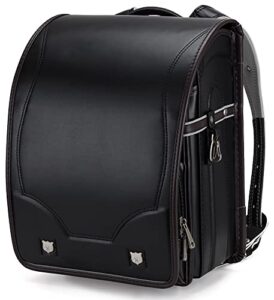 baobab's wish ransel randoseru backpack semi-automatic satchel japanese school bag for girls and boys pu leather bab-rng58 (black 01)