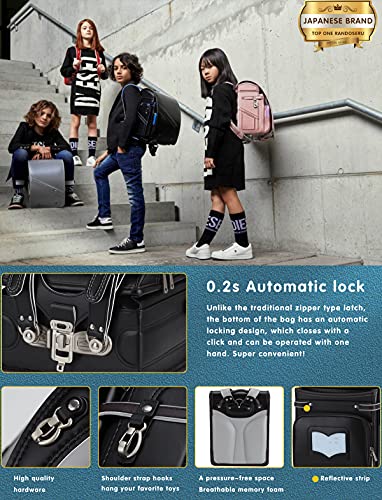 Baobab's wish Ransel Randoseru Backpack Semi-automatic satchel Japanese school bag for girls and boys PU leather bab-rng58 (Black 01)