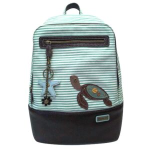 chala new deluxe striped multipurpose-backpacks with detachable key charm, fit up to 14" laptop for adult (teal stripe_ sea turtle)