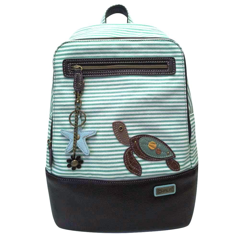 CHALA New Deluxe Striped multipurpose-backpacks with detachable Key Charm, fit up to 14" Laptop for Adult (Teal Stripe_ Sea Turtle)