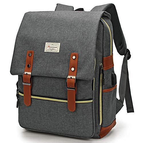 Modoker Upgraded Vintage Laptop Backpack Bookbag,Travel Laptop Backpack with USB Charging Port Casual Rucksack Daypack,Grey