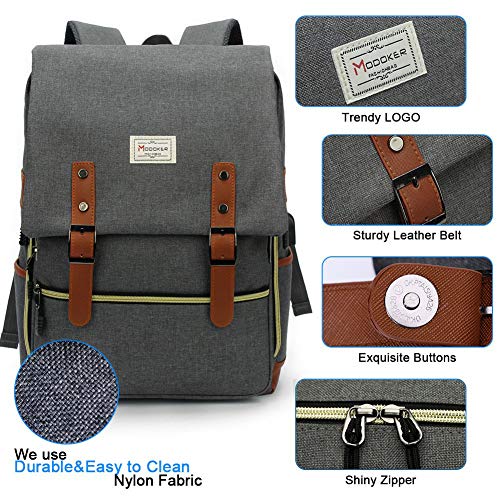 Modoker Upgraded Vintage Laptop Backpack Bookbag,Travel Laptop Backpack with USB Charging Port Casual Rucksack Daypack,Grey