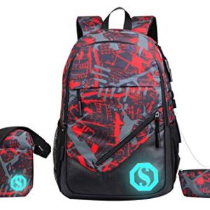 JiaYou Boy Girl Unisex 20L Fashion School Bag Backpack Bookbag with Florescent Mark 3 Sets/2 Sets (20L, USB ColorV 3 Sets)