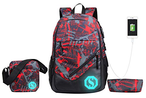 JiaYou Boy Girl Unisex 20L Fashion School Bag Backpack Bookbag with Florescent Mark 3 Sets/2 Sets (20L, USB ColorV 3 Sets)