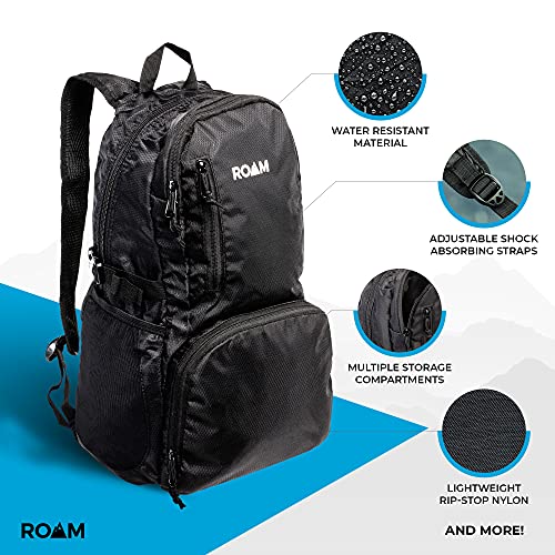 Roam 25L Hiking Daypack, Lightweight Packable Backpack, Rainproof, for Travel, Camping, Foldable, Durable, Water Resistant Ultra Light - True Black