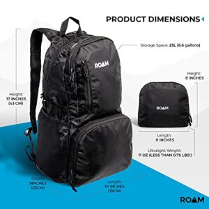 Roam 25L Hiking Daypack, Lightweight Packable Backpack, Rainproof, for Travel, Camping, Foldable, Durable, Water Resistant Ultra Light - True Black