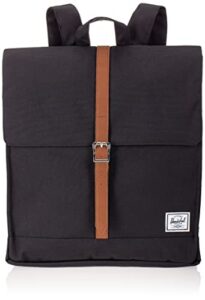 herschel city backpack, black/tan synthetic leather, mid-volume 14.0l