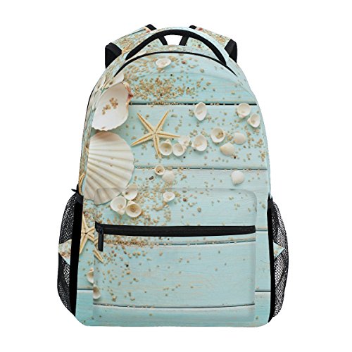 ZZKKO Beach Ocean Theme Starfish Seashell Wooden Style Boys Girls School Computer Backpacks Book Bag Travel Hiking Camping Daypack