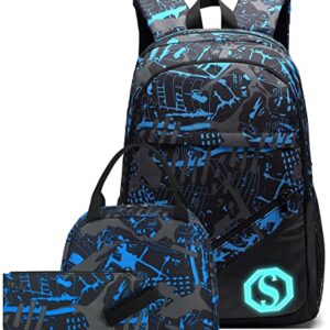 School Backpacks for Boys Teens Bookbag Elementary Backpack Set with Lunch Box and Pencil Case (Blue 1)