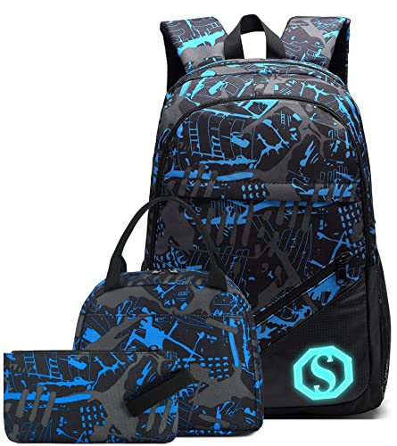 School Backpacks for Boys Teens Bookbag Elementary Backpack Set with Lunch Box and Pencil Case (Blue 1)