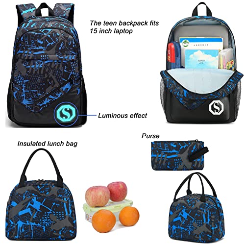 School Backpacks for Boys Teens Bookbag Elementary Backpack Set with Lunch Box and Pencil Case (Blue 1)