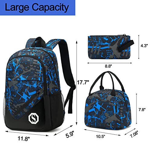 School Backpacks for Boys Teens Bookbag Elementary Backpack Set with Lunch Box and Pencil Case (Blue 1)