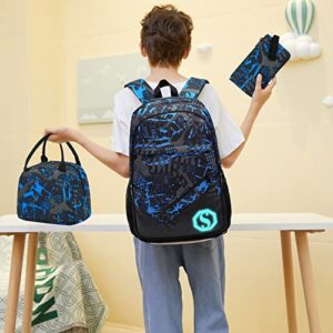 School Backpacks for Boys Teens Bookbag Elementary Backpack Set with Lunch Box and Pencil Case (Blue 1)