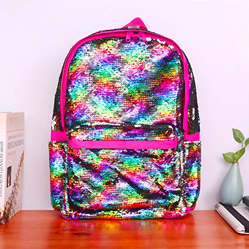 Flip Sequin Backpack for Girls Kids Kindergarten Elementary Middle School Bookbag Cute Spark Book Bags Teen Travel Outdoor Daypack Back Pack(Rainbow)