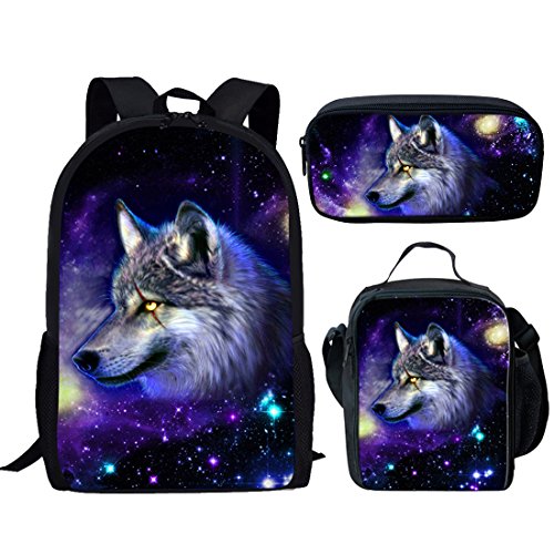 Showudesigns Galaxy Star Wolf Print School Backpack Set with Small Lunch Bag Pencil Case