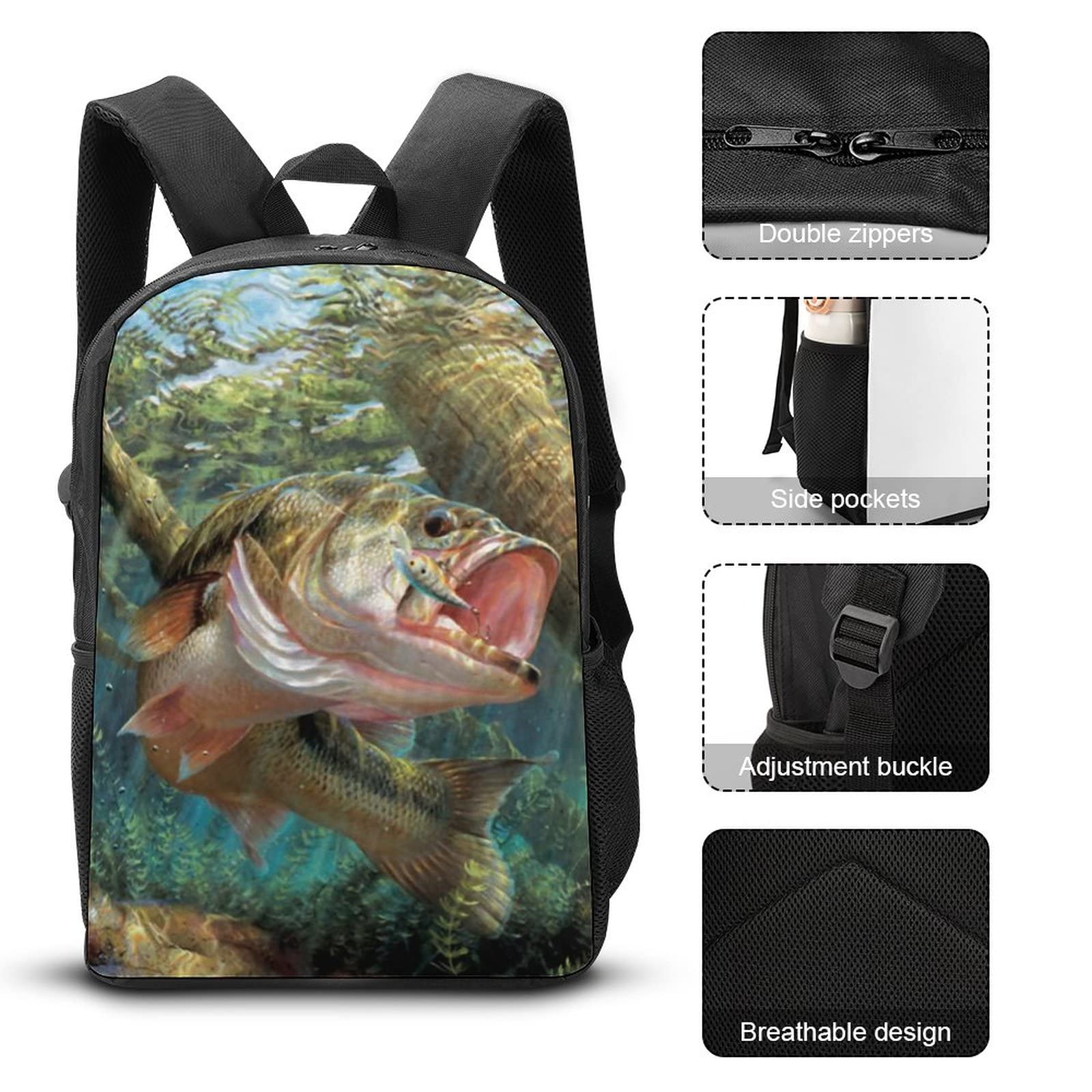 Nakgn Bass Fish Kids Backpack Print School Bookbag Durable Travel bag for Elementary Students Teens Girls Boys One_Size