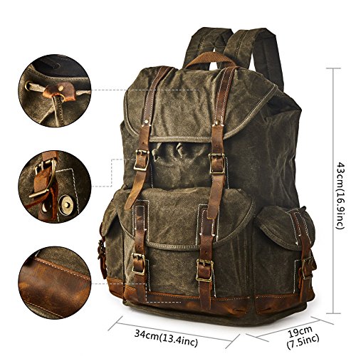 BRASS TACKS Leathercraft Heavy Duty Waxed Canvas Vintage Backpack for Men Women Trim Casual 15.6" laptop Travel Rucksack Shoulder Rucksack for Travel