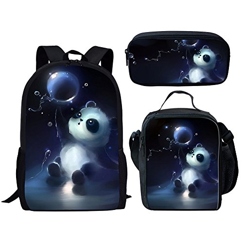 Dellukee Middle School Student Backpack Lunch Bag Set Pen Bags For Boys Fashion Durable Daypack Panda Print