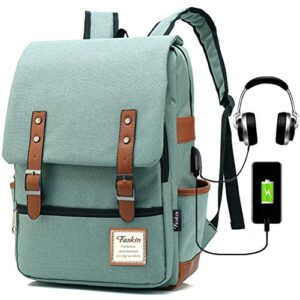vintage laptop backpack for women men, school college backpack with usb charging port & headphone jack, fashion backpack fits 15.6 inch notebook - green-function update
