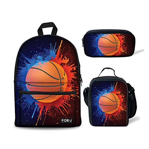 FOR U DESIGSN School Backpack for Boys Basketball Bookbag Canvas Lightweight Lunch Bags Tote Pencil Case Set 3 Pcs