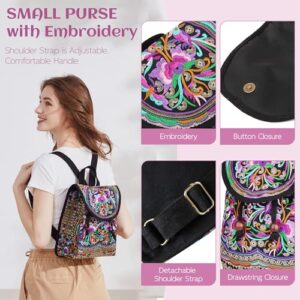 MAZEXY Embroidered Backpack for Women, Boho Shoulder Bag Vintage Ethnic Flower Cross-body Bag (Pink)